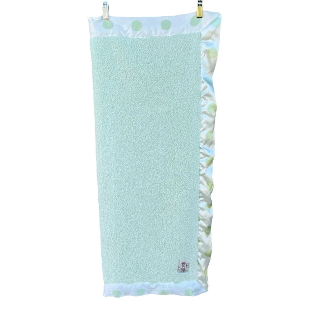Little Giraffe Mint Green Chenille Baby Blanket Polka Dot Satin Trim 31x37 GUC